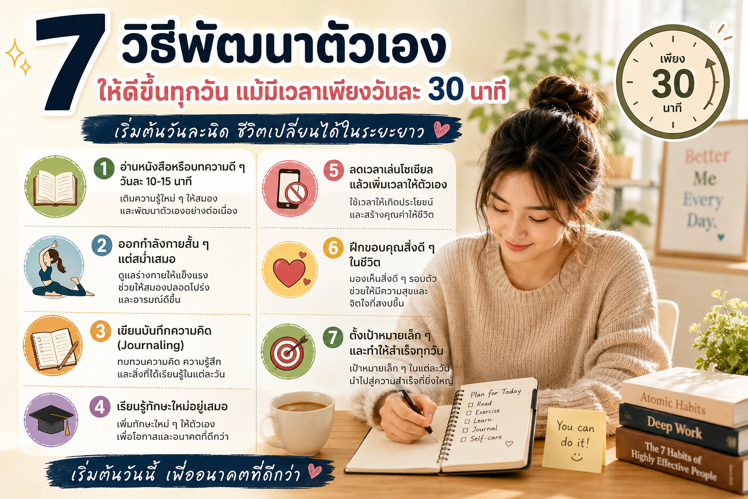 พัฒนาตัวเอง, Self Improvement, แรงบันดาลใจ, การจัดการเวลา, วินัย, เป้าหมายชีวิต, นิสัยที่ดี, พัฒนาศักยภาพ, สุขภาพจิต, วัยทำงาน
