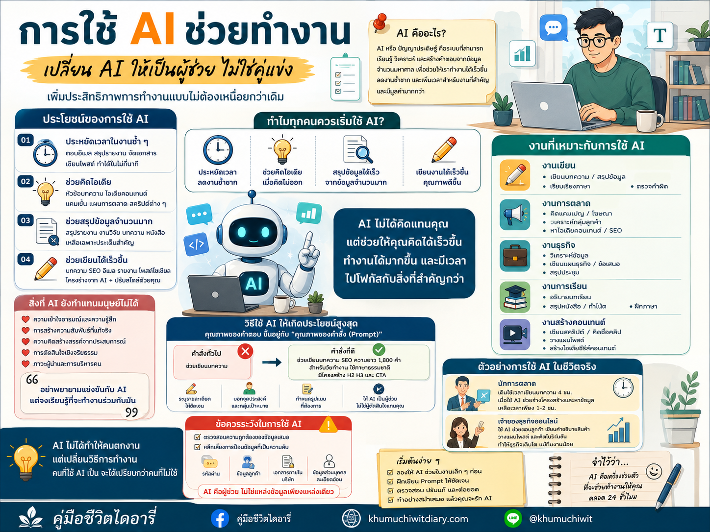 AI ช่วยทำงาน, ใช้ AI ในการทำงาน, AI สำหรับวัยทำงาน, AI เพิ่มประสิทธิภาพการทำงาน, เครื่องมือ AI, การทำงานยุค AI, AI สำหรับธุรกิจ, AI สำหรับคอนเทนต์,